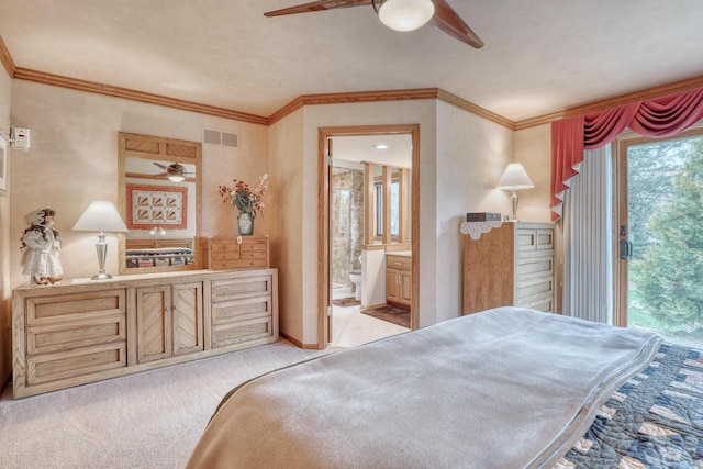 bedroom with connected bathroom, access to outside, light colored carpet, ornamental molding, and visible vents