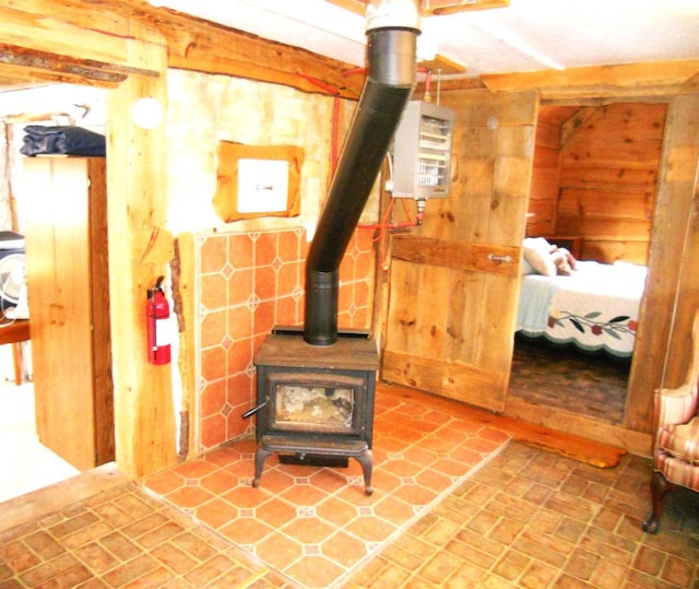 room details featuring wood walls, a wood stove, and a fire extinguisher
