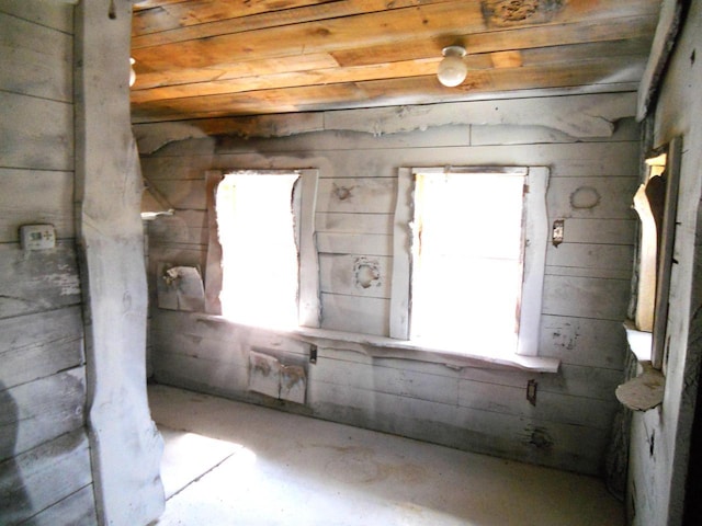 interior space with wooden walls and concrete floors