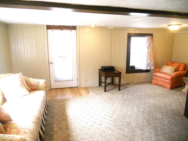 living area with beam ceiling and wooden walls