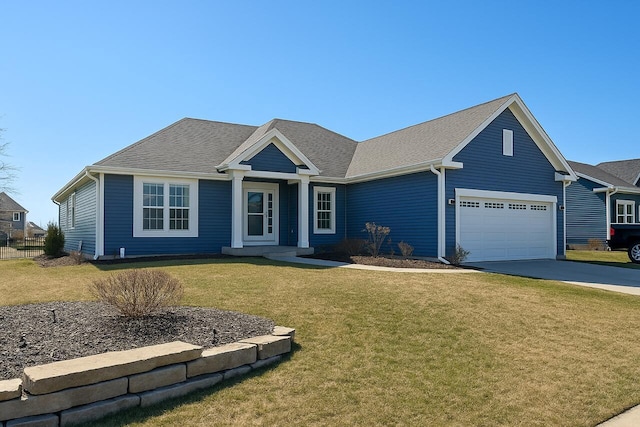 single story home featuring a garage, a shingled roof, concrete driveway, and a front yard
