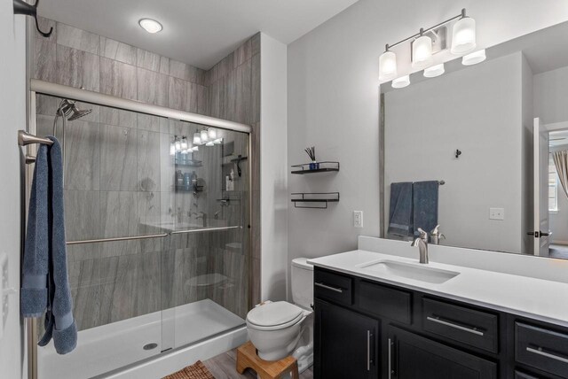 bathroom with vanity, a stall shower, and toilet