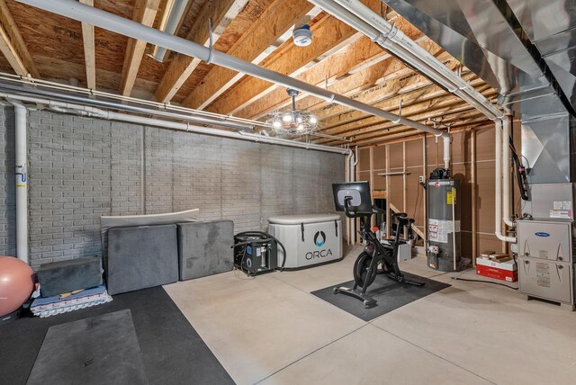 exercise room with heating unit and water heater