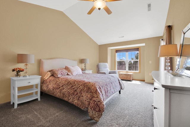 bedroom with lofted ceiling, visible vents, a ceiling fan, and carpet floors