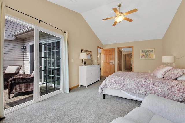 bedroom featuring lofted ceiling, ceiling fan, access to outside, and carpet floors