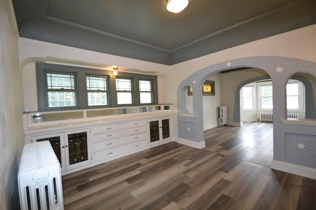 3736 E Edgerton Ave, Cudahy, WI 53110 - bar featuring dark wood-style floors, arched walkways, radiator, baseboards, and a raised ceiling