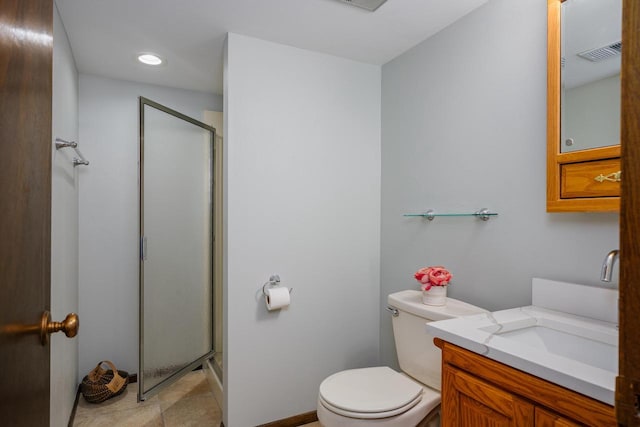 2941 Chapel Ln, Mount Pleasant, WI 53406 - bathroom featuring toilet, visible vents, recessed lighting, a shower stall, and vanity