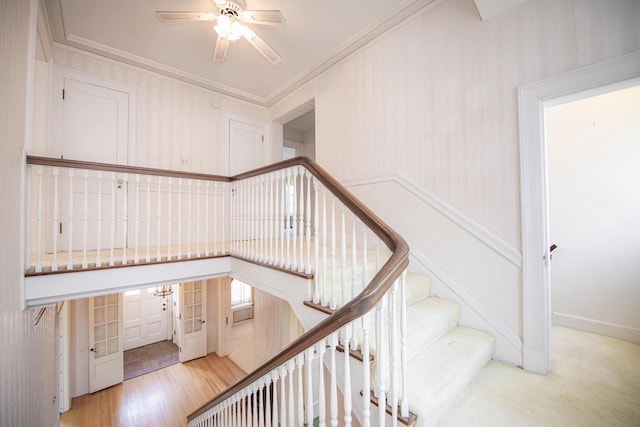 328 Wilson St, Winona, MN 55987 - stairs featuring a ceiling fan, wood finished floors, and crown molding