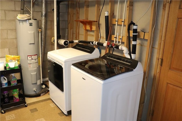 12188 Old Trl, Wisconsin Rapids, WI 54494 - washroom featuring washing machine and dryer, water heater, and concrete block wall