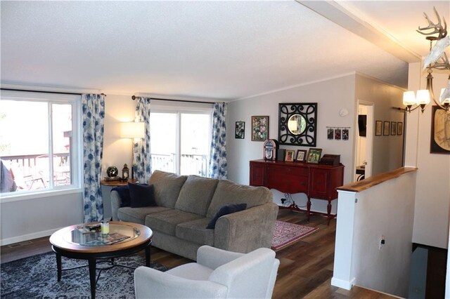 12188 Old Trl, Wisconsin Rapids, WI 54494 - living room with dark wood-type flooring, a chandelier, and lofted ceiling
