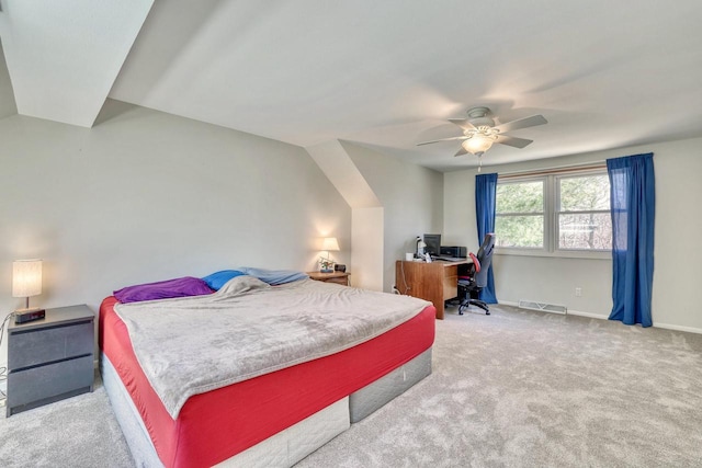 bedroom featuring visible vents, carpet flooring, baseboards, and a ceiling fan