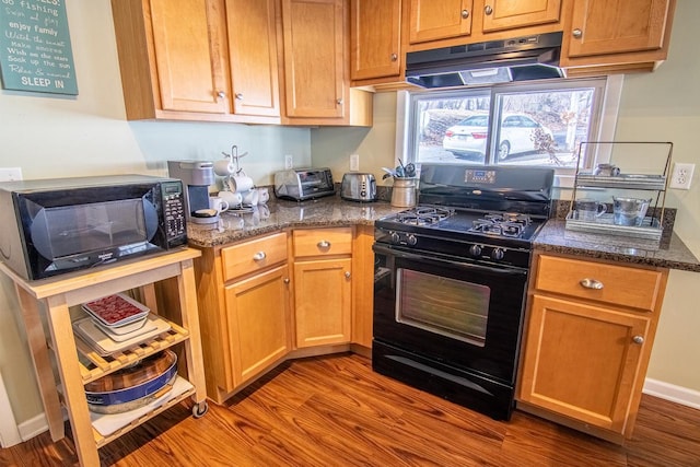 N4142 Sleepy Hollow Rd, Cambridge, WI 53523 - kitchen with a toaster, dark stone counters, wood finished floors, under cabinet range hood, and black appliances