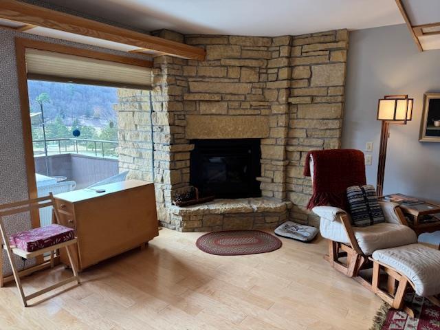 living room with a stone fireplace and wood finished floors