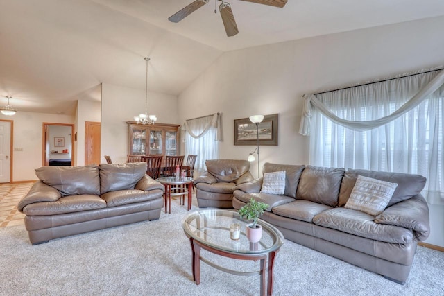 864 Chief Kewaskum Pl, Kewaskum, WI 53040 - living area with carpet flooring, high vaulted ceiling, and ceiling fan with notable chandelier