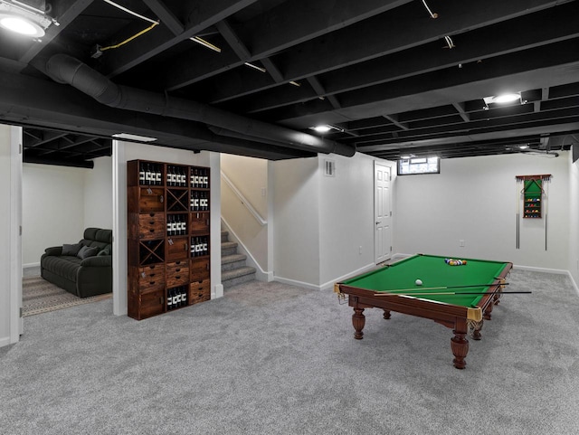 7509 W Burleigh St, Milwaukee, WI 53210 - recreation room with carpet floors, visible vents, baseboards, and billiards