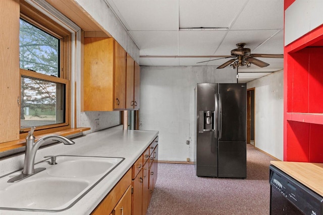 771 Seneca Rd, Wisconsin Rapids, WI 54495 - kitchen with a ceiling fan, a sink, a drop ceiling, dishwasher, and stainless steel refrigerator with ice dispenser