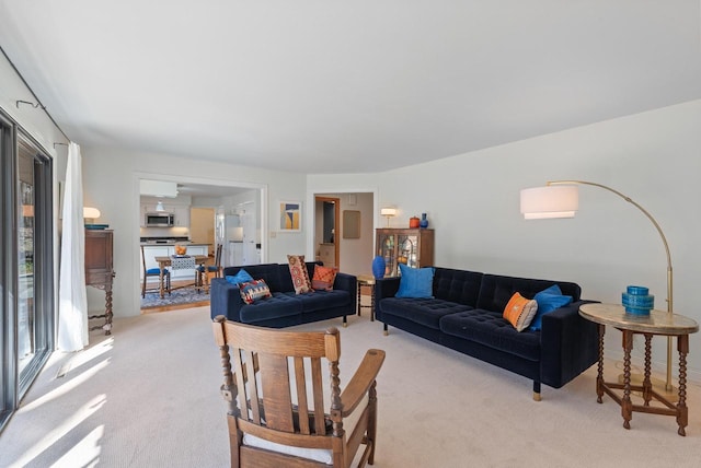 living room featuring light carpet