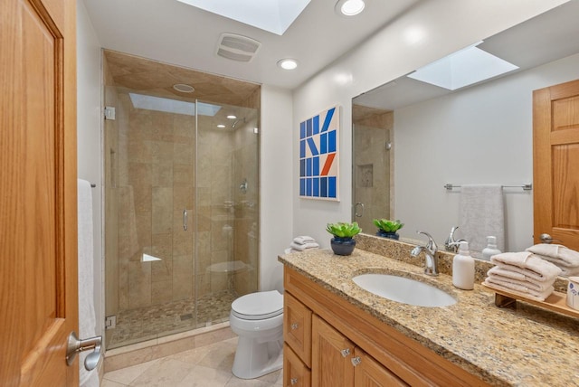 bathroom with toilet, a stall shower, visible vents, a skylight, and tile patterned flooring