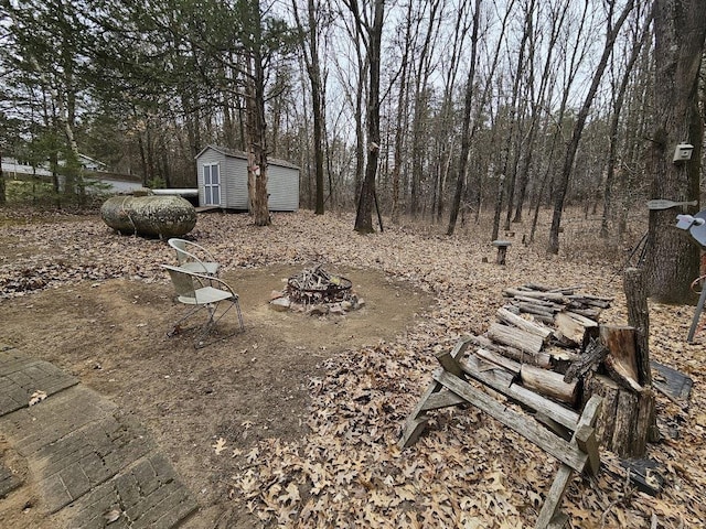 W5691 Cedar Trl, Neshkoro, WI 54960 - view of yard with an outbuilding, a shed, and an outdoor fire pit