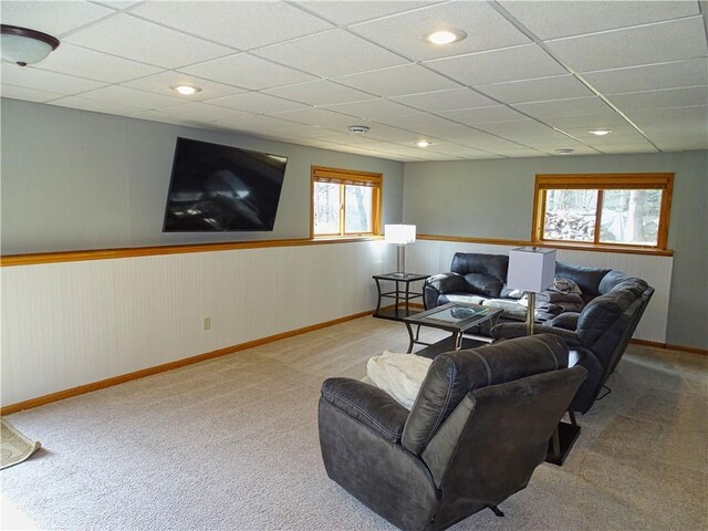 N1698 945th St, Eau Claire, WI 54701 - living area featuring a paneled ceiling, a wainscoted wall, carpet flooring, baseboards, and recessed lighting
