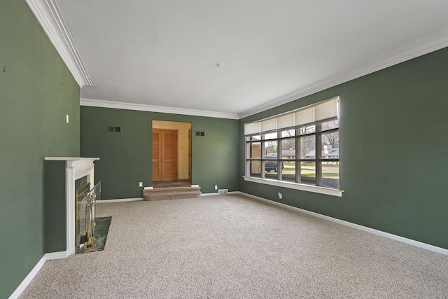 7709 3rd Ave, Kenosha, WI 53143 - unfurnished living room with a fireplace with flush hearth, carpet, baseboards, ornamental molding, and visible vents