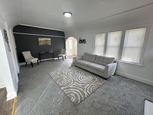 4271 N 26th St, Milwaukee, WI 53209 - carpeted living room featuring arched walkways, lofted ceiling, and baseboards
