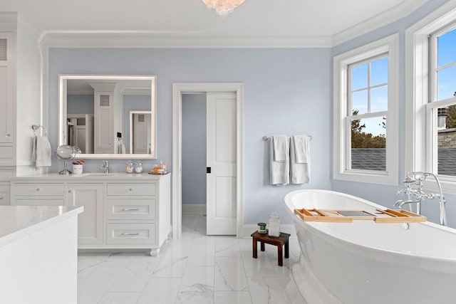6916 N Palladium Ct, Appleton, WI 54913 - bathroom featuring marble look tiles, vanity, baseboards, a freestanding tub, and ornamental molding
