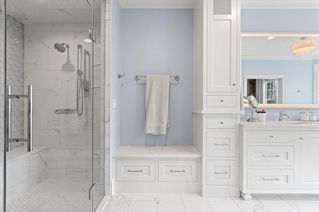 6916 N Palladium Ct, Appleton, WI 54913 - full bath with marble finish floors, ornamental molding, a marble finish shower, and vanity