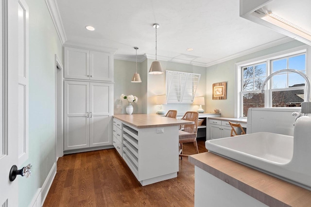 6916 N Palladium Ct, Appleton, WI 54913 - kitchen featuring a peninsula, ornamental molding, dark wood-type flooring, pendant lighting, and light countertops