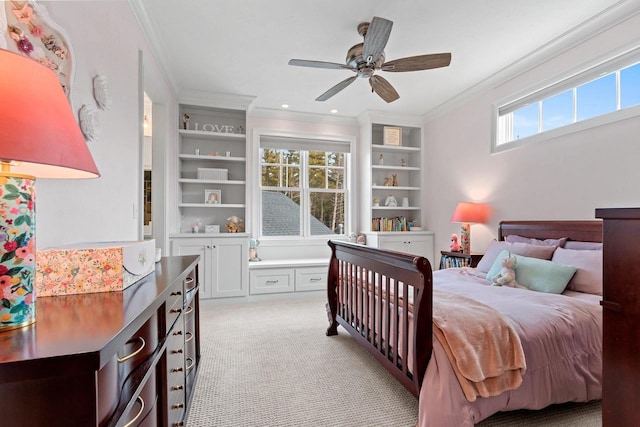 6916 N Palladium Ct, Appleton, WI 54913 - bedroom with crown molding, light carpet, and a ceiling fan