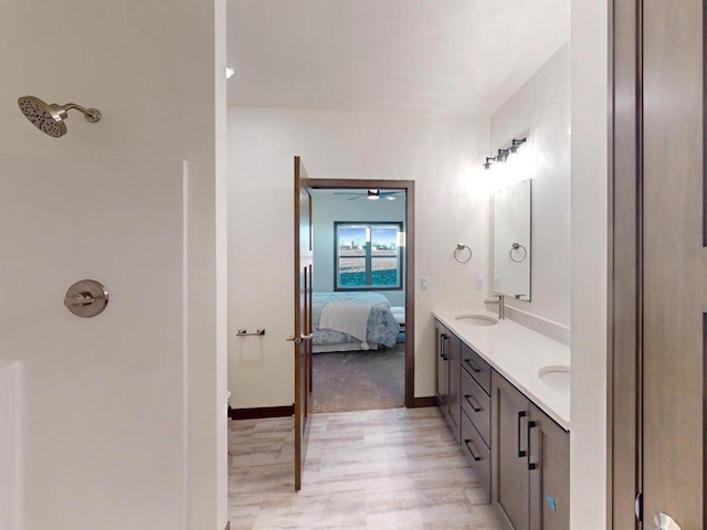 418 Toms Way, Luxemburg, WI 54217 - bathroom featuring double vanity, wood finished floors, a ceiling fan, connected bathroom, and a sink
