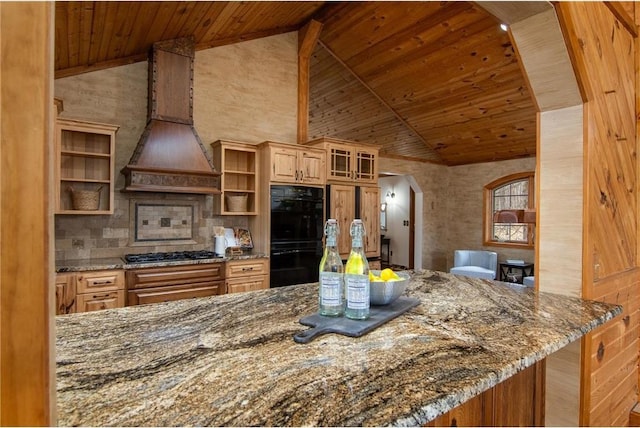 840 Park Dr, Balsam Lake, WI 54810 - kitchen with open shelves, premium range hood, wooden ceiling, and black appliances