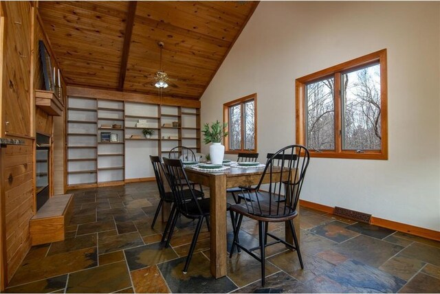 840 Park Dr, Balsam Lake, WI 54810 - dining area featuring wood ceiling, baseboards, and stone tile flooring