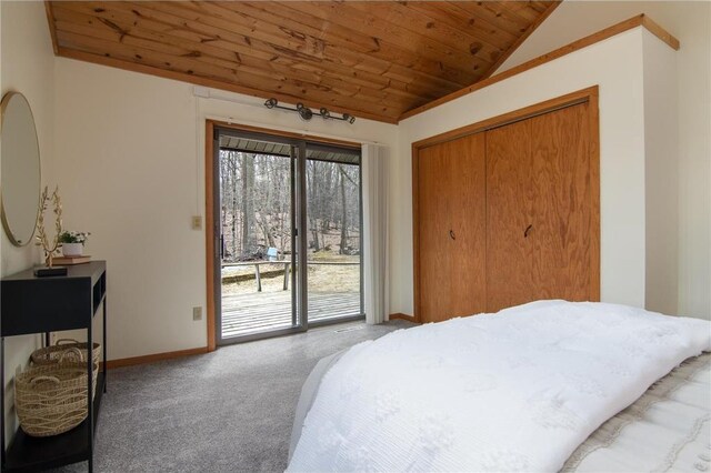 840 Park Dr, Balsam Lake, WI 54810 - bedroom with lofted ceiling, wooden ceiling, baseboards, light colored carpet, and access to outside