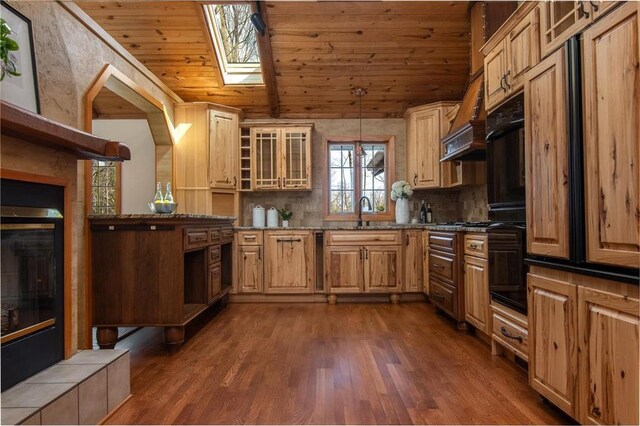 840 Park Dr, Balsam Lake, WI 54810 - kitchen with dark stone counters, vaulted ceiling with skylight, glass insert cabinets, wooden ceiling, and dark wood-type flooring