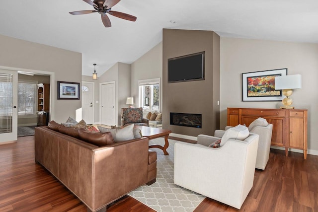 4923 W Woods Creek Ln, Appleton, WI 54913 - living area with a fireplace, baseboards, ceiling fan, dark wood-style floors, and high vaulted ceiling