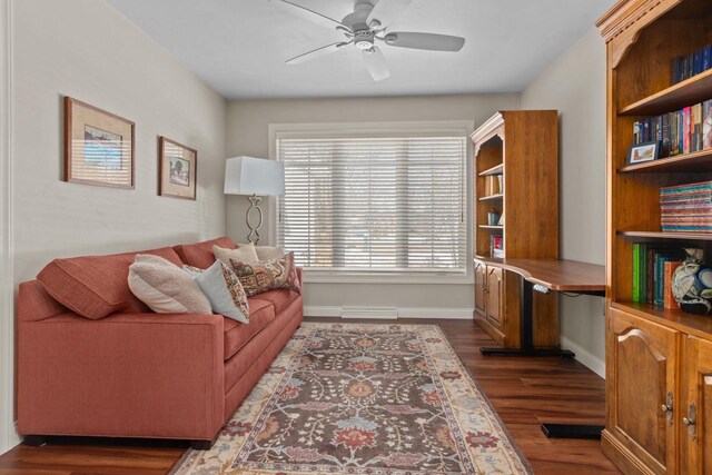4923 W Woods Creek Ln, Appleton, WI 54913 - living room with built in study area, baseboards, ceiling fan, and wood finished floors