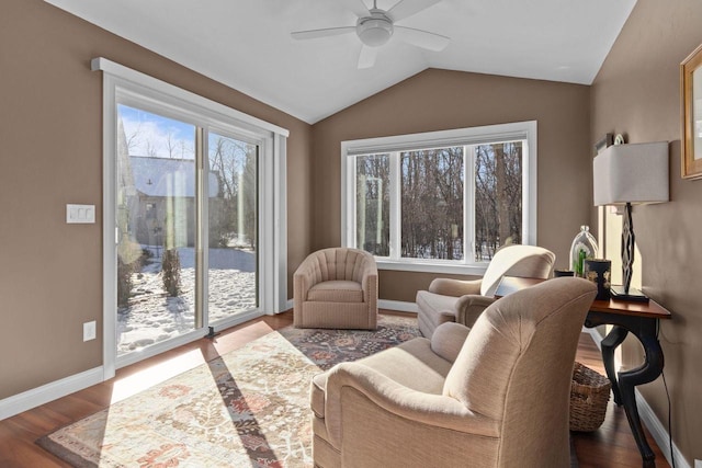4923 W Woods Creek Ln, Appleton, WI 54913 - sitting room featuring baseboards, ceiling fan, wood finished floors, and lofted ceiling