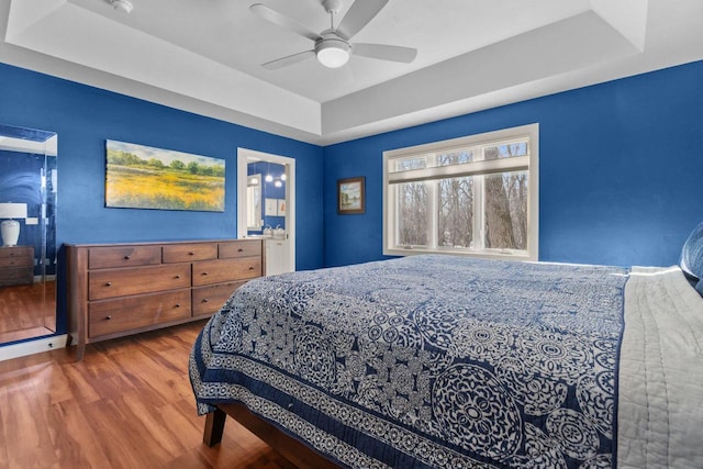 4923 W Woods Creek Ln, Appleton, WI 54913 - bedroom featuring a raised ceiling, a ceiling fan, and wood finished floors