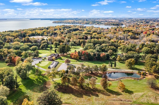 aerial view with view of golf course and a water view