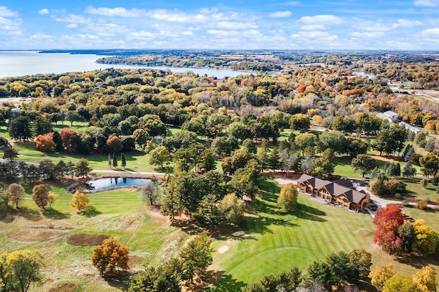 aerial view featuring view of golf course and a water view