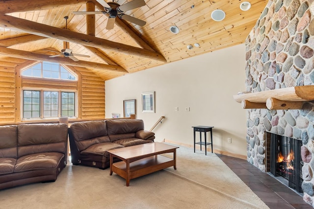 carpeted living room with rustic walls, beamed ceiling, wood ceiling, high vaulted ceiling, and ceiling fan