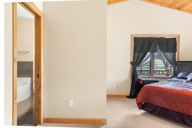 bedroom featuring lofted ceiling, wood ceiling, baseboards, and light colored carpet