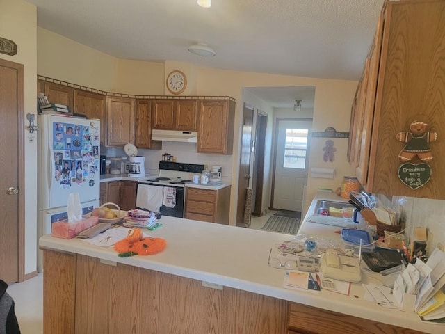 S5026 Greenfield Ln, Baraboo, WI 53913 - kitchen featuring under cabinet range hood, a sink, freestanding refrigerator, electric range oven, and brown cabinetry