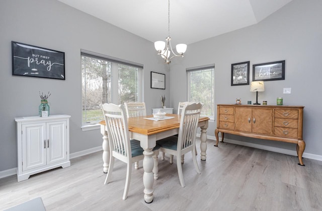 dining room featuring light wood-style flooring, baseboards, a chandelier, and a healthy amount of sunlight