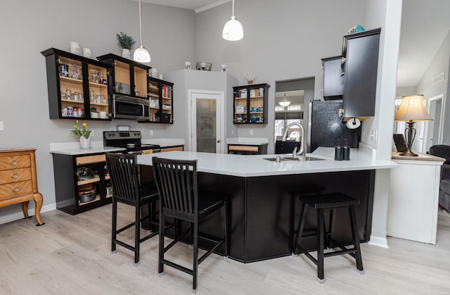 kitchen with stainless steel appliances, a sink, light wood-style floors, a peninsula, and glass insert cabinets