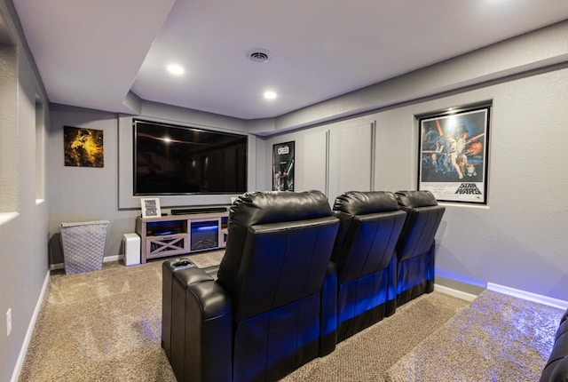 carpeted home theater room with recessed lighting, visible vents, and baseboards
