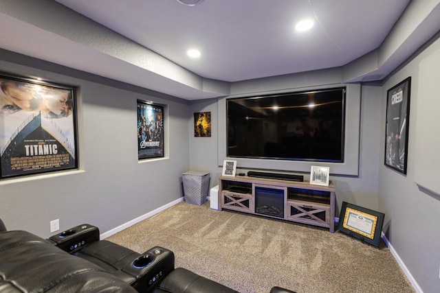 home theater with baseboards, carpet flooring, and recessed lighting