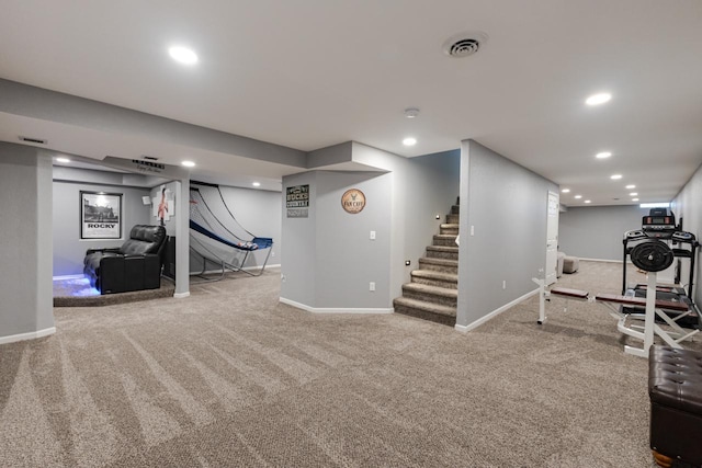 workout room with recessed lighting, carpet floors, and baseboards