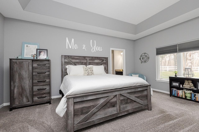 bedroom featuring a raised ceiling, carpet floors, and baseboards